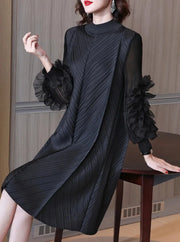 Women's Ruffle Mesh Pleated Midi Dress Long Sleeve Half High Neck Vintage Style Elegant High Quality