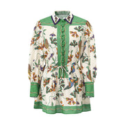 High Quality Single Breasted Long Flare Sleeve Loose Flower Print Pleated Mini Dress