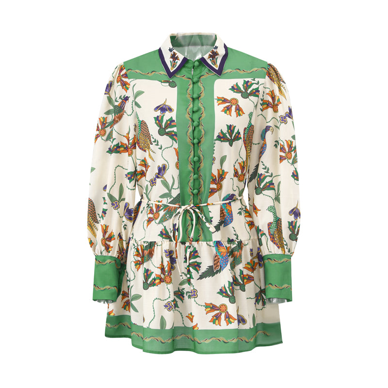High Quality Single Breasted Long Flare Sleeve Loose Flower Print Pleated Mini Dress