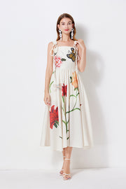 High Quality Spaghetti Strap Floral Print Cotton Linen Long Embroidered Flower Butterfly Dress