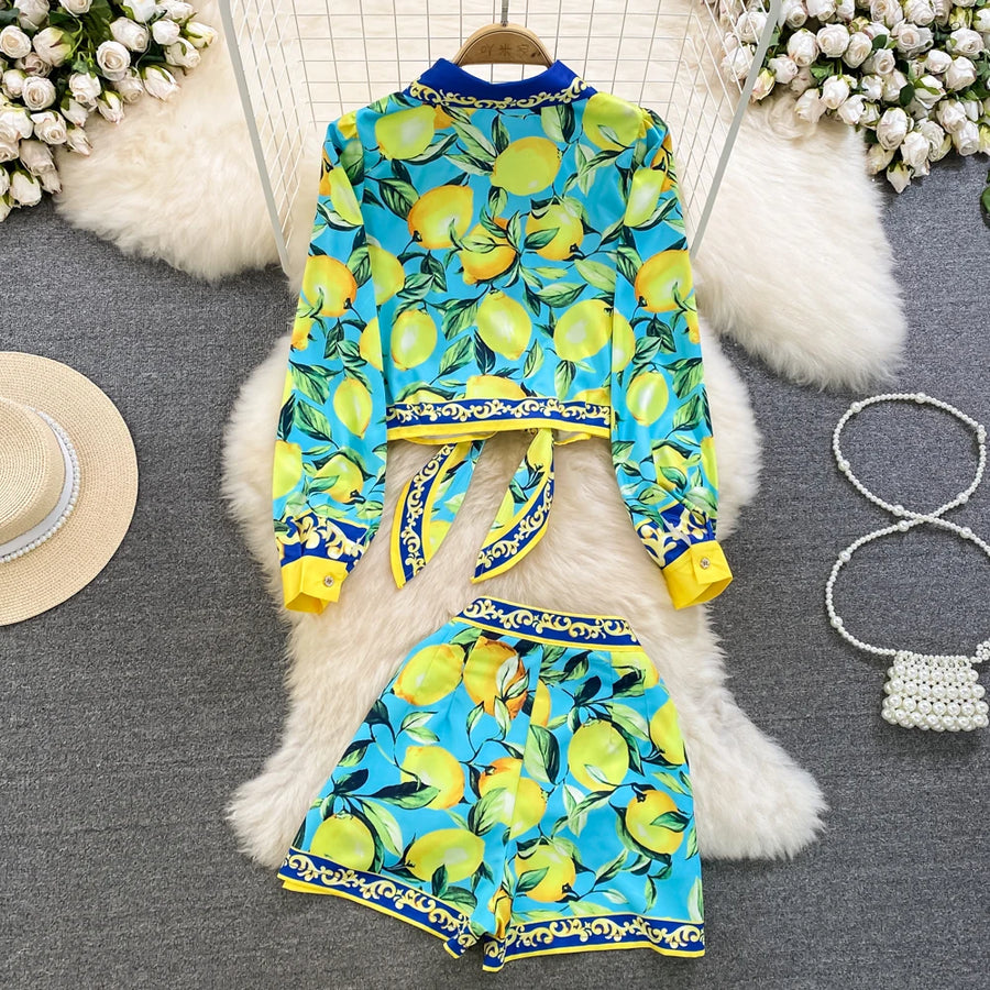 Summer Runway Fashion Sicily Lemon Print Two Piece Outfits Women Long Sleeve Bandage Crop Top＋Beach Pocket Shorts Sets