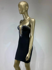 High Quality Deep V Neck Crystal Spaghetti Straps Stretch Black Bandage Dress