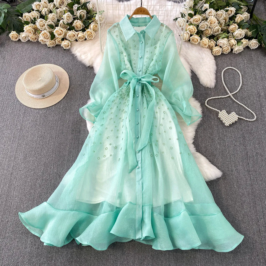 Fashion Temperament Bandage Slim Waist Dress Fairy Gauze Ruffled Long Robe Turn-down Collar Single Breasted Diamonds Vestidos