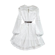 High Quality Belted Flared Long Sleeve Lace French Style Dress