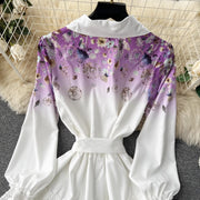 High Quality Crochet Lace Belted Flower Print Long Sleeve Bohemian Dress