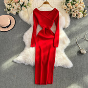 Women's Wrapped Hip Bodycon Waist Show Thin Long Sleeve V-Neck Bottom Dress
