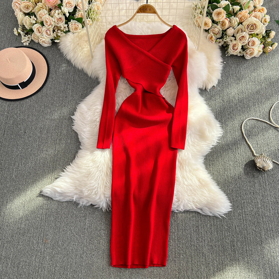 Women's Wrapped Hip Bodycon Waist Show Thin Long Sleeve V-Neck Bottom Dress