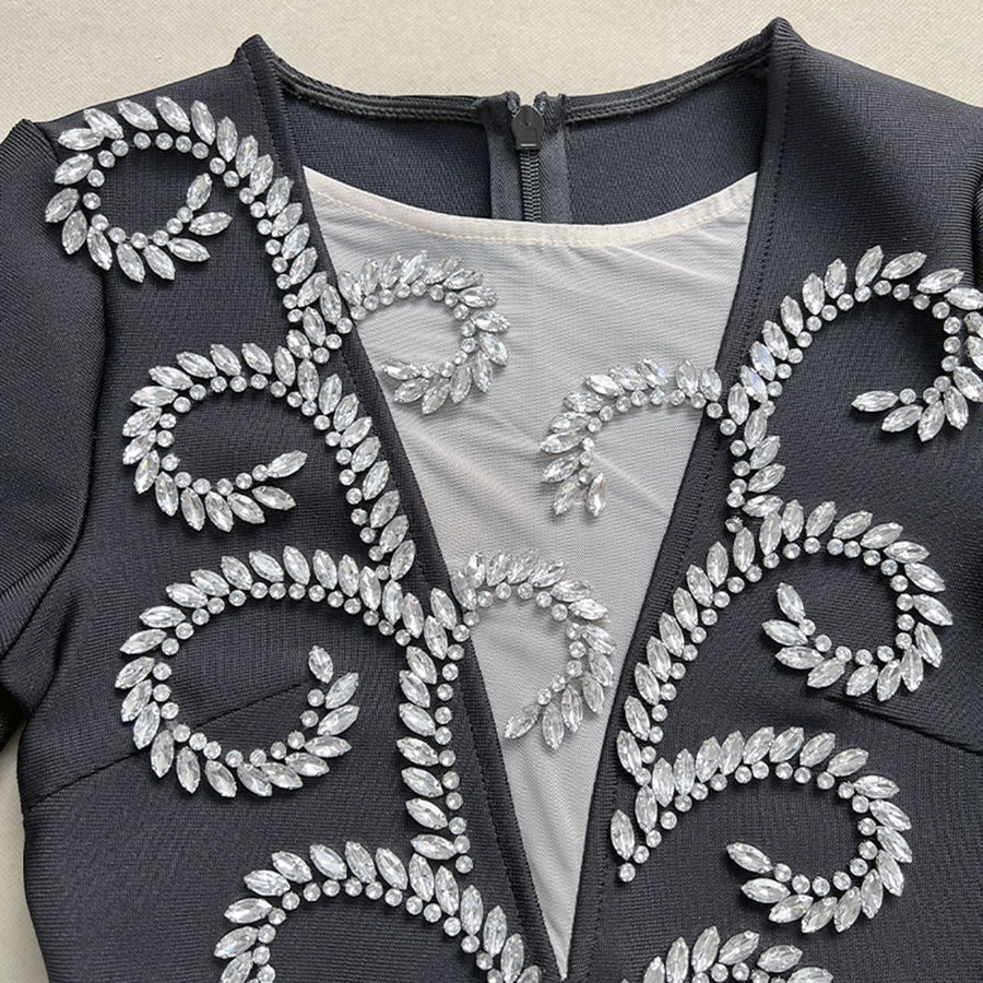 Sexy V Neck Mesh Long Sleeve Luxury Shiny Diamond Bodycon Mini Dress Elegant High Quality Black / L