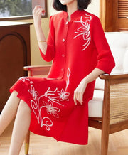 Plus Size Stand Collar Embroidered Half Sleeve Single Breasted Loose Pleated Dress