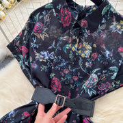 French vintage floral print lapel dress short sleeve high waist belt high quality