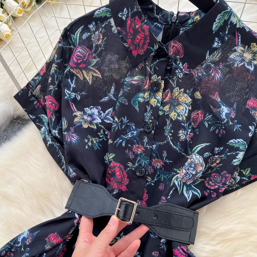 French vintage floral print lapel dress short sleeve high waist belt high quality