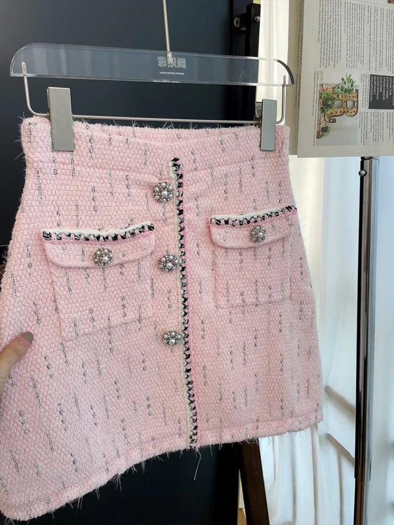 Slim Fit Spring Autumn Office Ladies Pink Tweed Short Jacket High Waist A-Line Skirt Two Piece Set Elegant Women Fashion Sets