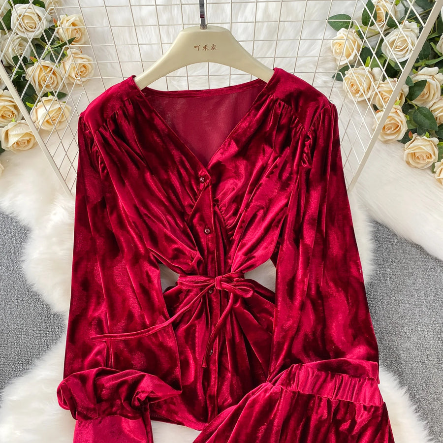 Autumn Velvet Skirt Two-piece Set V-neck Single Breasted Shirt Jacquard Skirts Suit  French Elegant Fashion Women Matching Sets