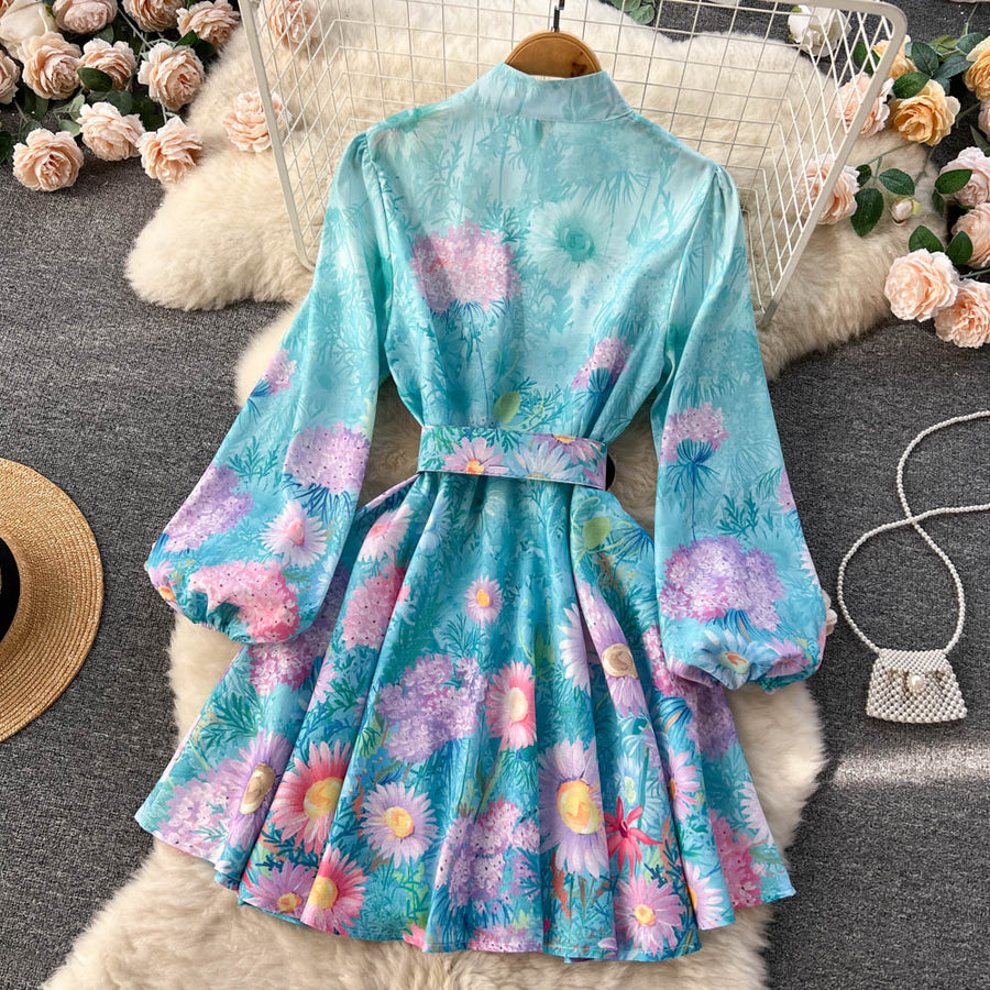 High Quality Floral Print Belted Long Flare Sleeve Stand Collar Flower Mini Dress