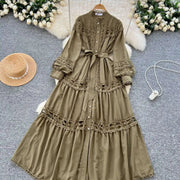 Elegant retro style slit maxi dress with pearl buttons and high-quality crochet embroidery