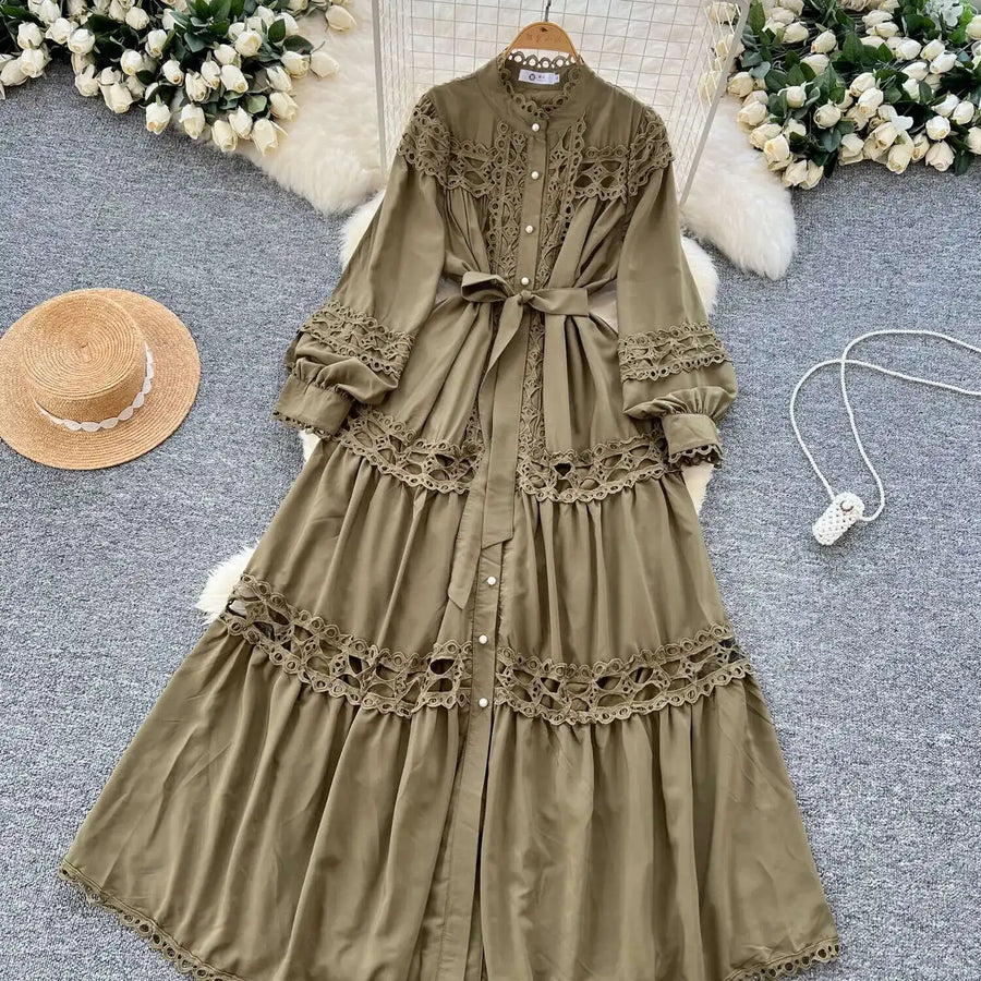 Elegant retro style slit maxi dress with pearl buttons and high-quality crochet embroidery