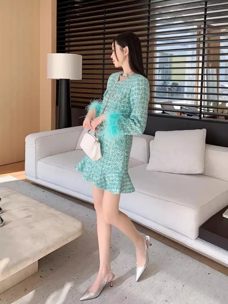 Shiny Diamonds Sequins Elegant Slim Fit Office Ladies Tweed Short Jacket High Waist A-Line Skirts Women Fashion Two Piece Set