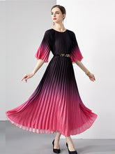 High Quality Vintage Oversized Loose Gradient Belt Lace Up O Neck Pleated Long Dress