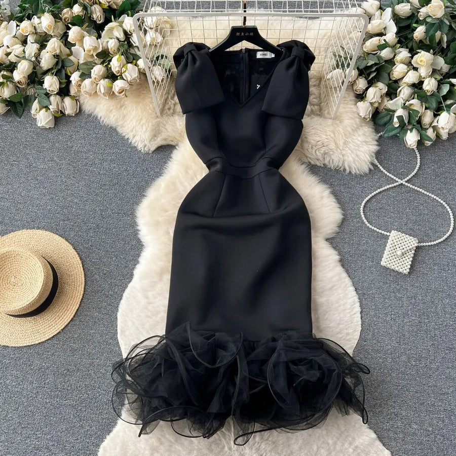 High Quality Elegant Bow V Neck Mesh Sleeveless Bodycon Dress