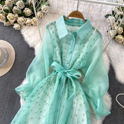 Fashion Temperament Bandage Slim Waist Dress Fairy Gauze Ruffled Long Robe Turn-down Collar Single Breasted Diamonds Vestidos