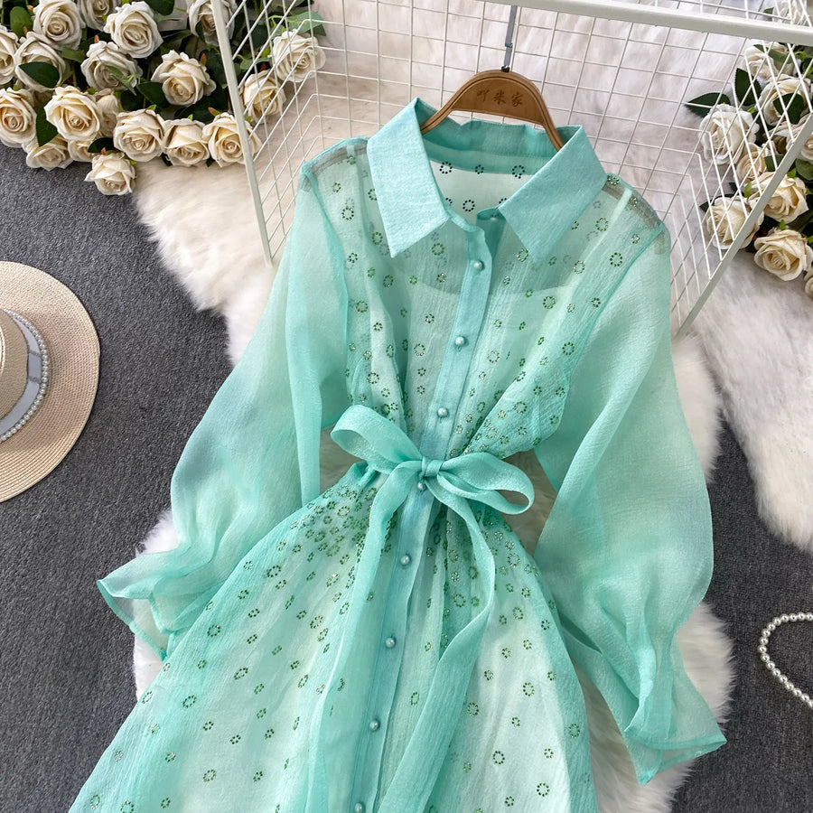 Fashion Temperament Bandage Slim Waist Dress Fairy Gauze Ruffled Long Robe Turn-down Collar Single Breasted Diamonds Vestidos