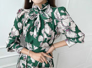 High Quality Floral Print Bow Blouse+Knee Length Skirt 2 Piece Set