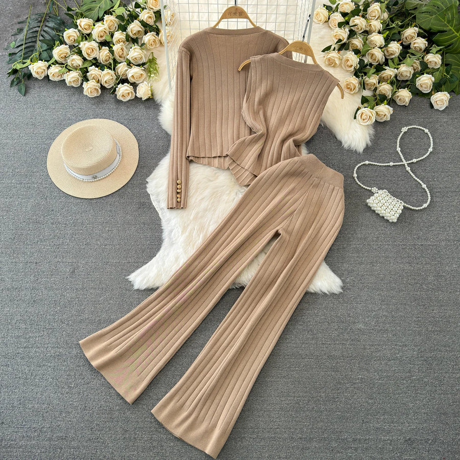 Three Piece Knitted Sets Single Breasted Cardigan, Tank Top and High Waist Wide Leg Long Pants