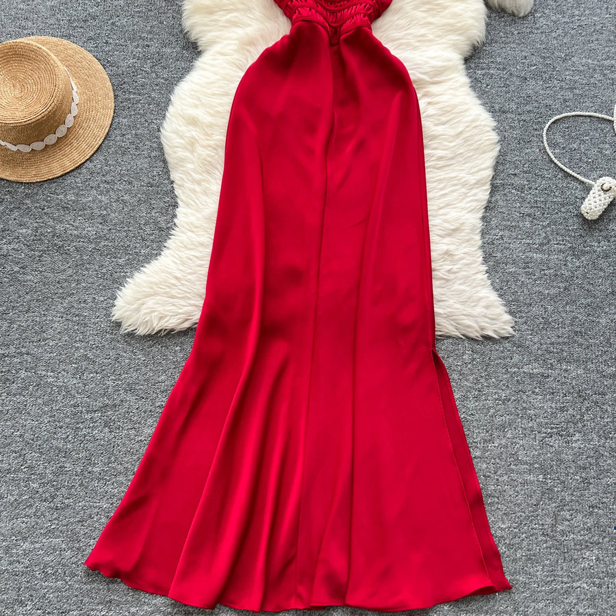 Elegant Satin V-neck Chic Straps Sexy Sleeveless Hotsweet Slim Slip Long Dresses Vintage High Street Women Clothing