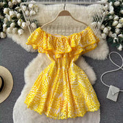 High Quality Double Layers Ruffles Embroidery Off Shoulder Elastic Waist Short Dress