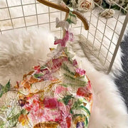 Long dress with open back and sexy A-line cut with high-quality flowers and embroidered lace