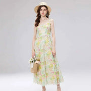 Long dress with open back and sexy A-line cut with high-quality flowers and embroidered lace