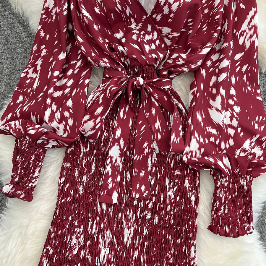 Retro Sweet V Neck Slim Lace -up Print Autumn Summer Elegant Elastic Dress A-line Long Sleeve Vacation Women Mermaid Dresses