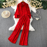 Women Lace Patchwork Pants Set Single Breasted Long Sleeved Shirt Elastic Waisted Trousers Suit Summer Female 2 pieces Sets