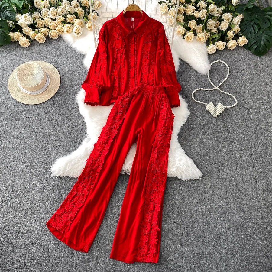 Women Lace Patchwork Pants Set Single Breasted Long Sleeved Shirt Elastic Waisted Trousers Suit Summer Female 2 pieces Sets