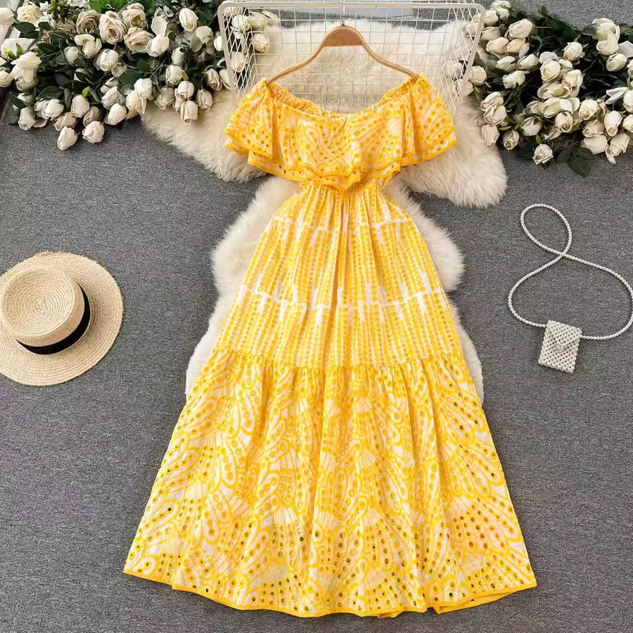 High Quality Double Layer Ruffle Embroidery Off Shoulder Elastic Waist Maxi Dress