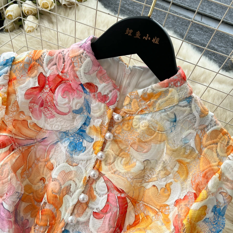 Crochet Lace Embroidery Hollow Out Floral Print Maxi Dress Autumn Women Long Lantern Sleeve Pearl Buttons Up Belt Prom Clothing