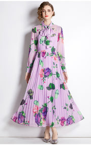 High Quality Floral Print Maxi Long Sleeve Pleated Dress