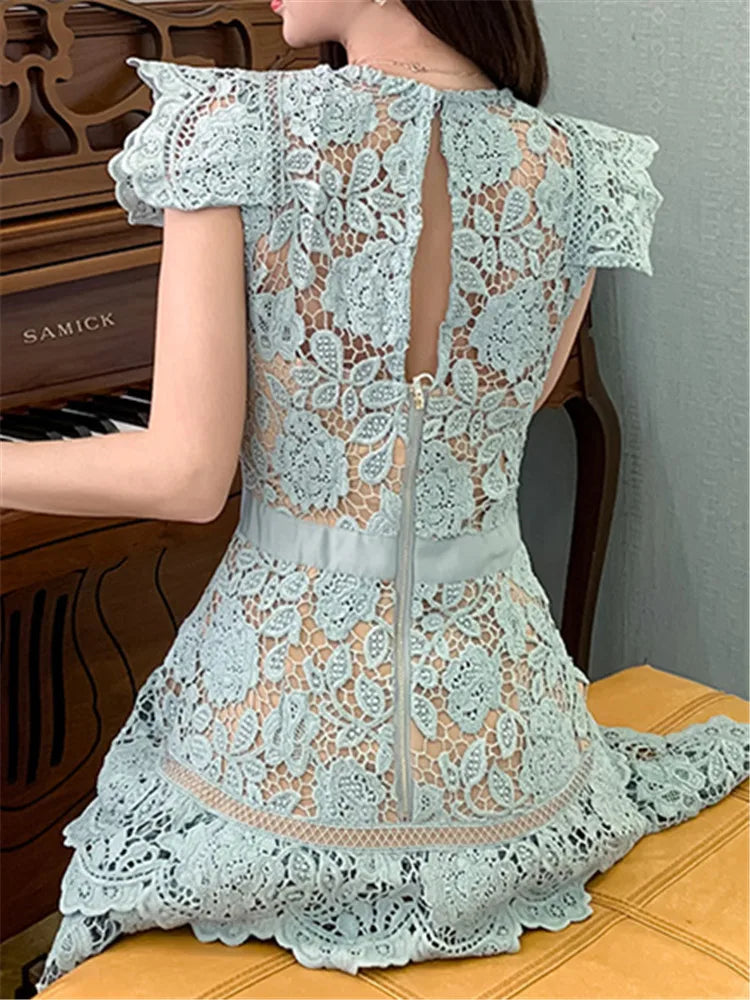 High Quality Backless Embroidery Strap Sleeveless Lace Dress