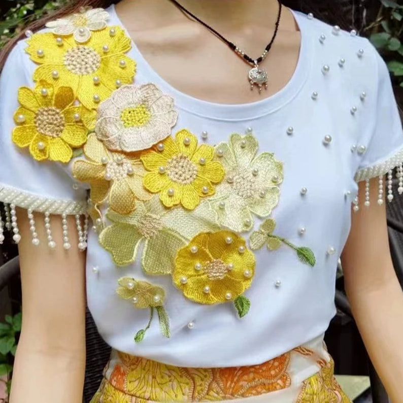 High Quality Short Sleeve Luxurious Style Pearl Flower Embroidery Cotton T-shirt