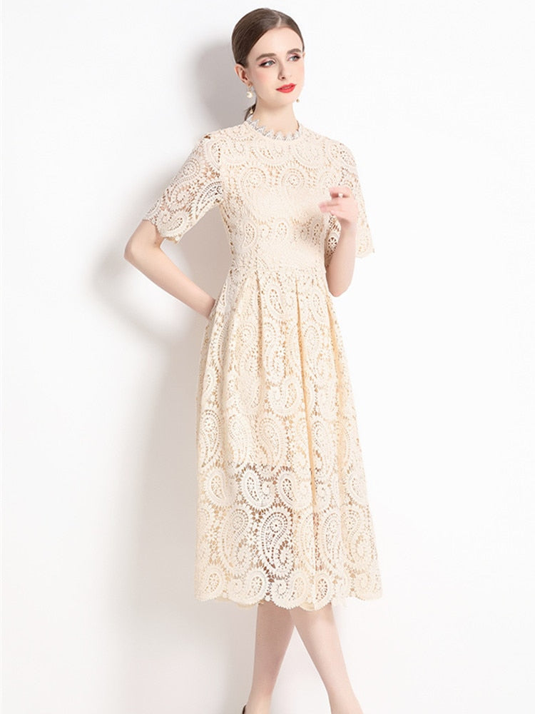 High Quality Hollow Out Short Sleeve Vintage Solid Midi Length Embroidery Lace Elegant Dresses