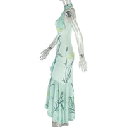 Women's Leaf Print Ruched Maxi Dress with Scarf