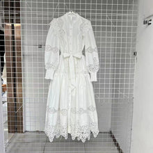 High Quality Vintage Flower Embroidery Lace Ruffled Puff Sleeve White Dress