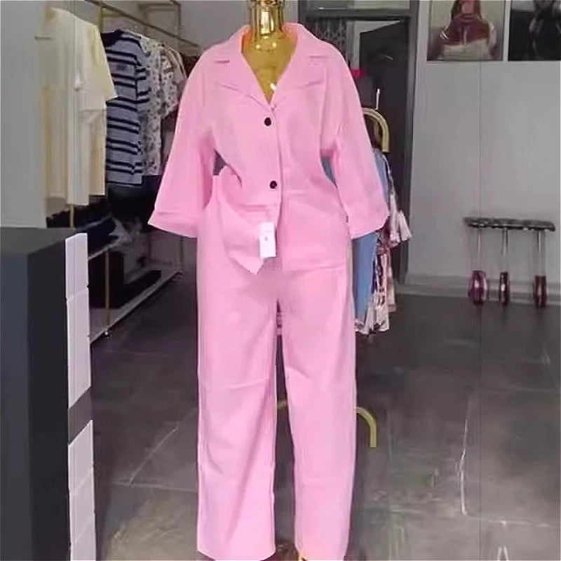 Pant Set Women Two Piece Sets Turn Down Collar Full Sleeve Shirt Wide Leg Long Pants High Waist  Streetwear Casual Loose