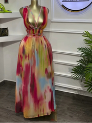 Women Tie Dye Print Diamonds Hot Rhinestones Strap A-line Midi Maxi Long Dress  Beach Holiday Party Birthday Dresses