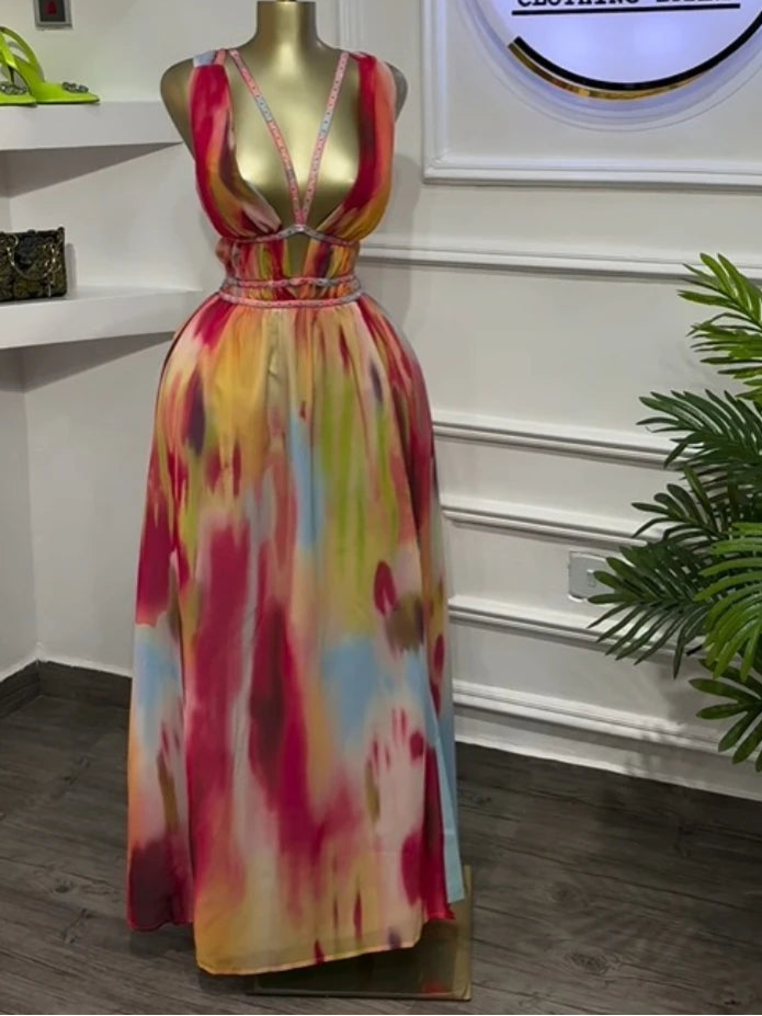 Women Tie Dye Print Diamonds Hot Rhinestones Strap A-line Midi Maxi Long Dress  Beach Holiday Party Birthday Dresses