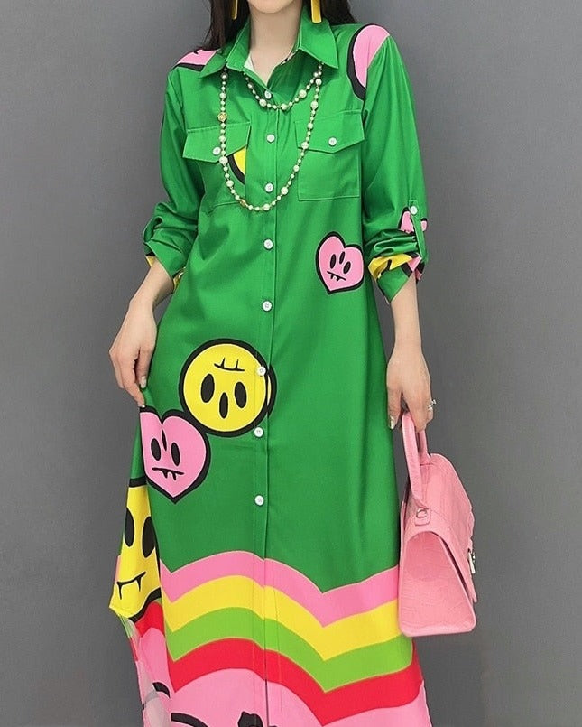 High quality long sleeve print green maxi dress