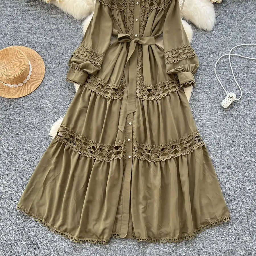 Elegant retro style slit maxi dress with pearl buttons and high-quality crochet embroidery