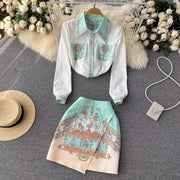 Summer Cartoon 2 Pieces Set Women Turn Down Collar Long Sleeve Two Pockets Chiffon Shirt Top + Irregular Vintage Mini Skirt Suit