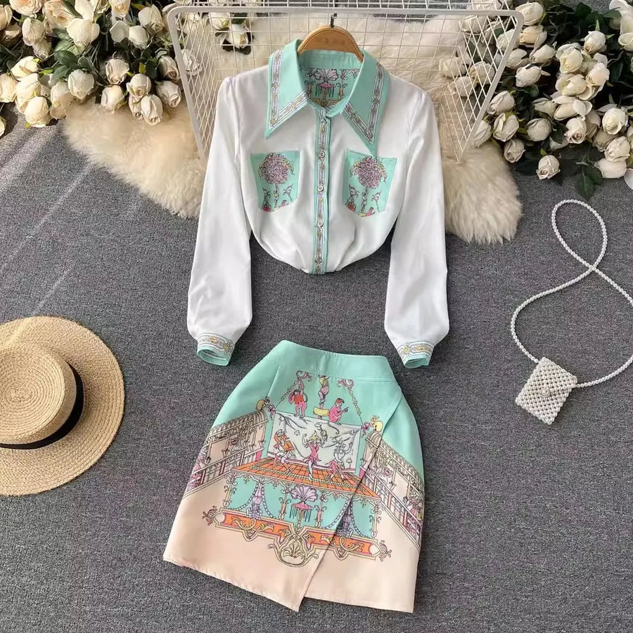Summer Cartoon 2 Pieces Set Women Turn Down Collar Long Sleeve Two Pockets Chiffon Shirt Top + Irregular Vintage Mini Skirt Suit