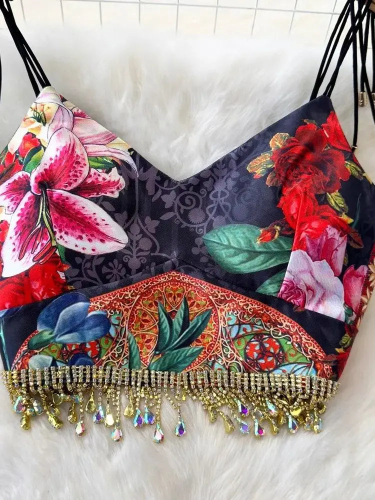 Summer Holiday Jacquard Spaghetti Strap Diamonds Tassels Bra Crop Top+Floral Print Mini Skirt Suits Beach Sexy 2 Pieces Sets